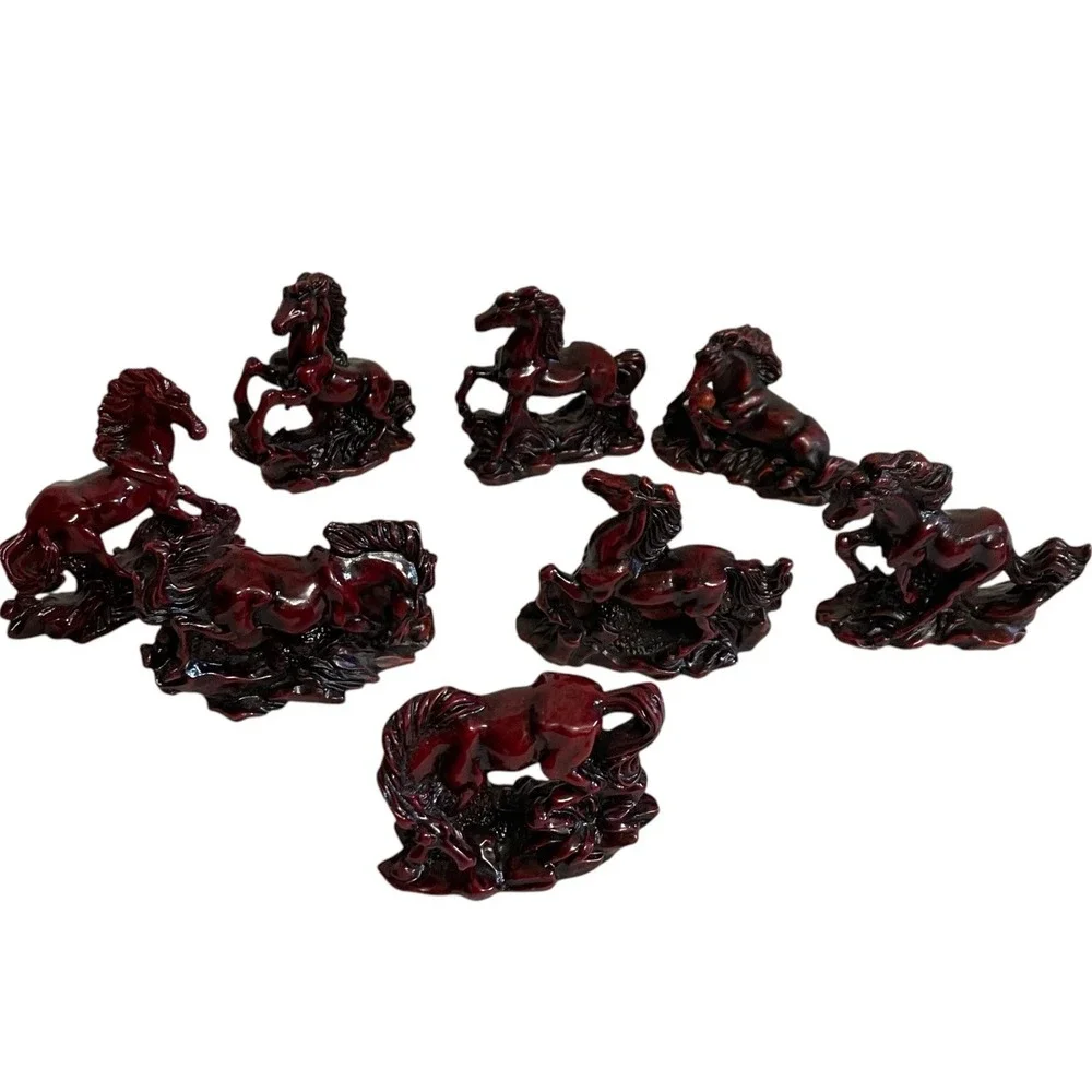 VTG Galloping Horse Figurine Set Home Decor Small Burgundy Red Cinnabar Style